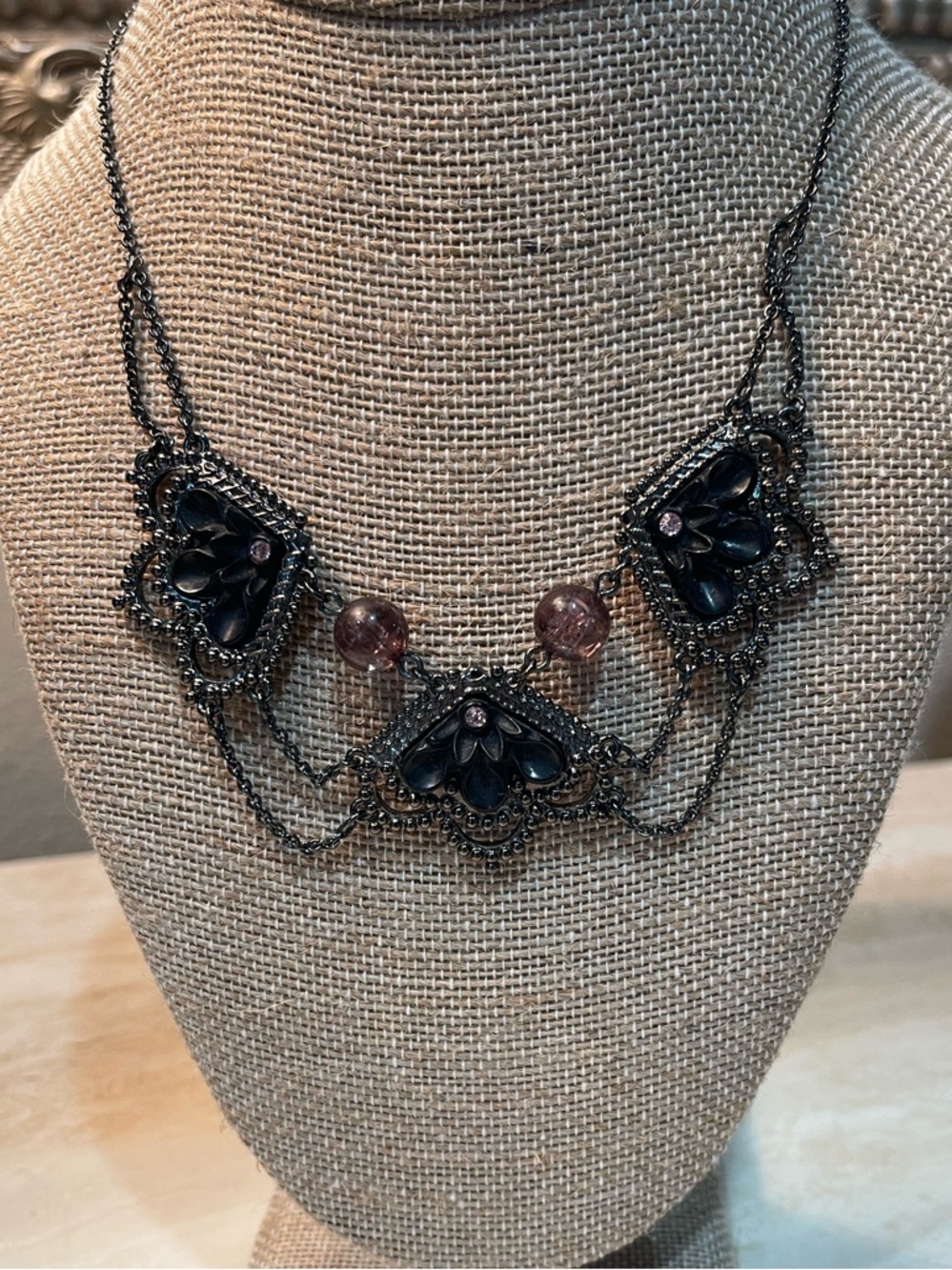 Black Filigree Multi-Petal Statement Necklace with Accent Beads
